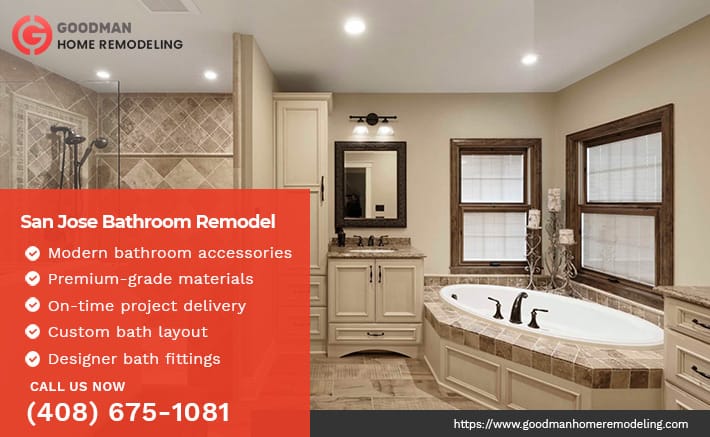 List of bathroom remodeling services including custom designs and fixtures.