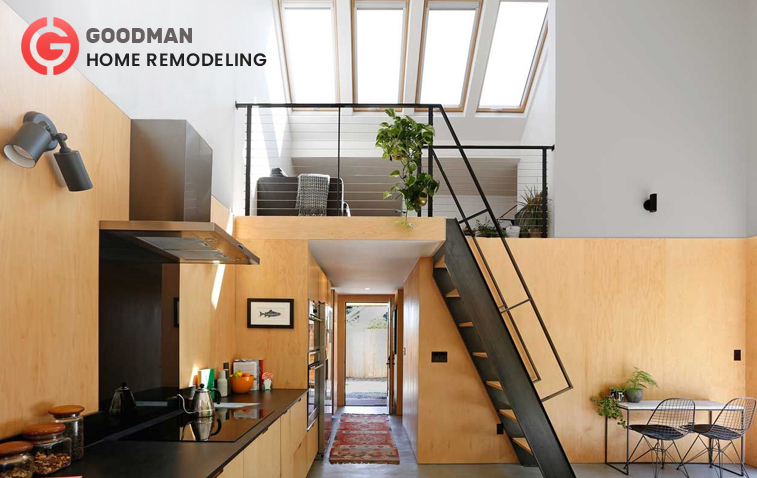 Basement kitchen with a separate entrance and stairs leading to the main home.