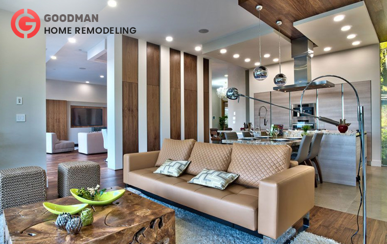 Modern open-concept kitchen and living room, designed for a seamless home renovation.