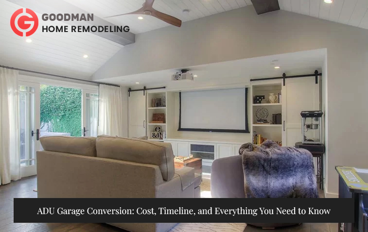 ADU Garage Conversion - Spacious living room with cozy seating and elegant decor.